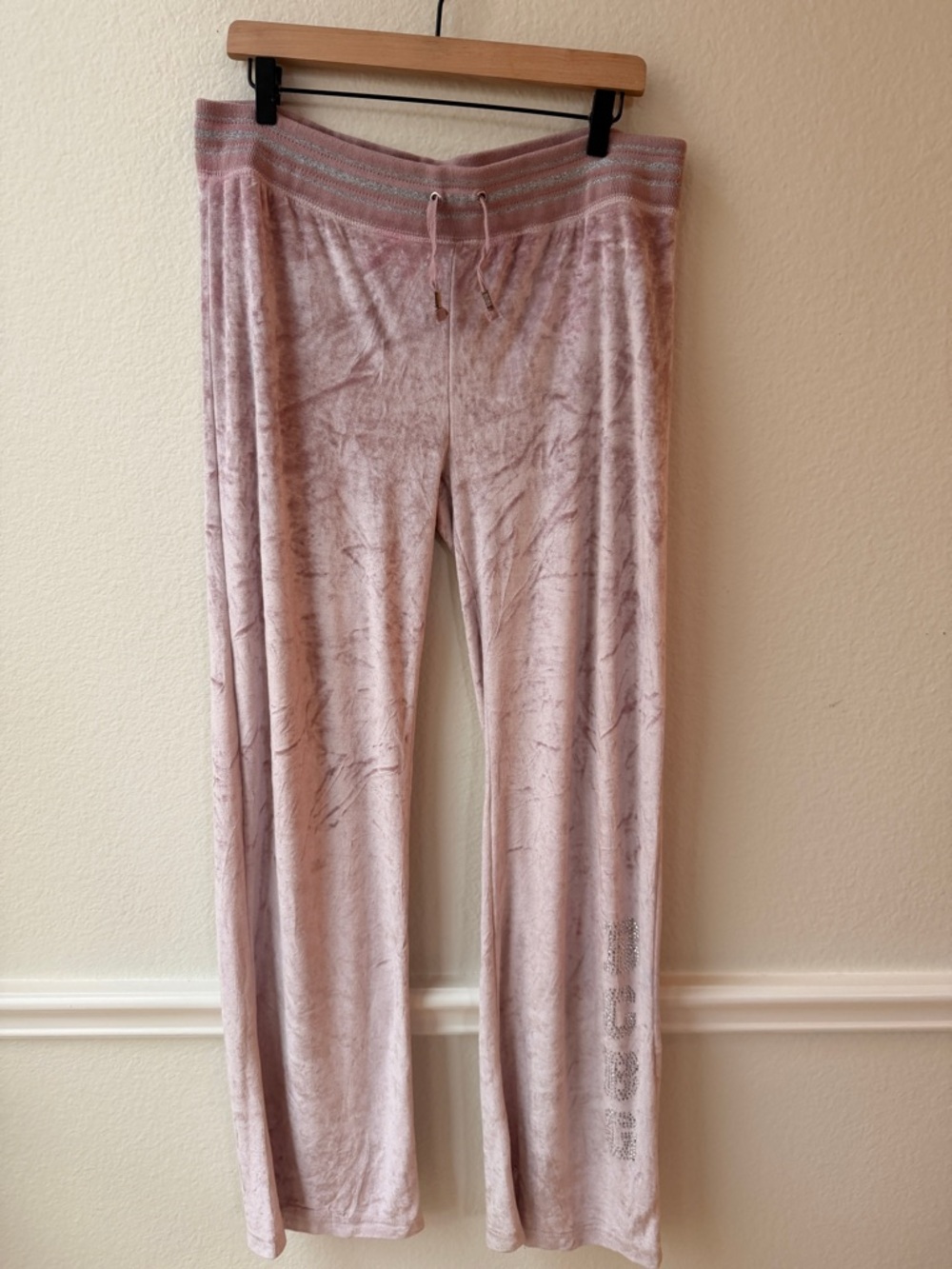 BCBGMAXAZRIA Pink Velour Rhinestone Logo Lounge‎ Pants Y2K Glam Mcbling Track XL